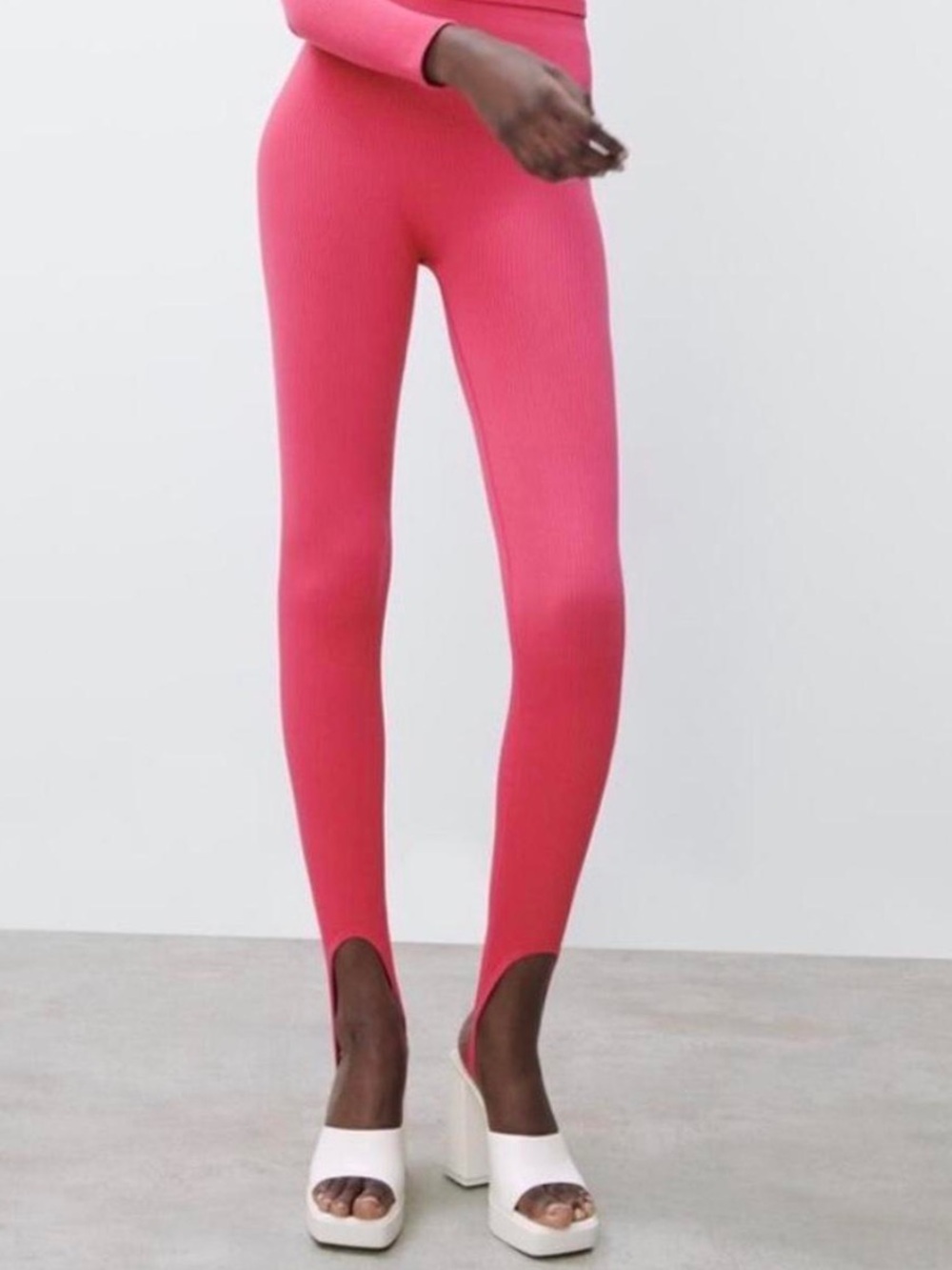 Zara Ribbed High-Rise Pink Stirrup Leggings